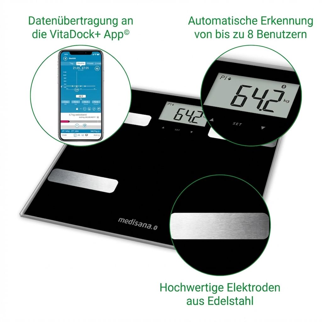 Balance d'analyse corporelle noire avec électrodes argentées, écran LCD et affichage d'application smartphone.
