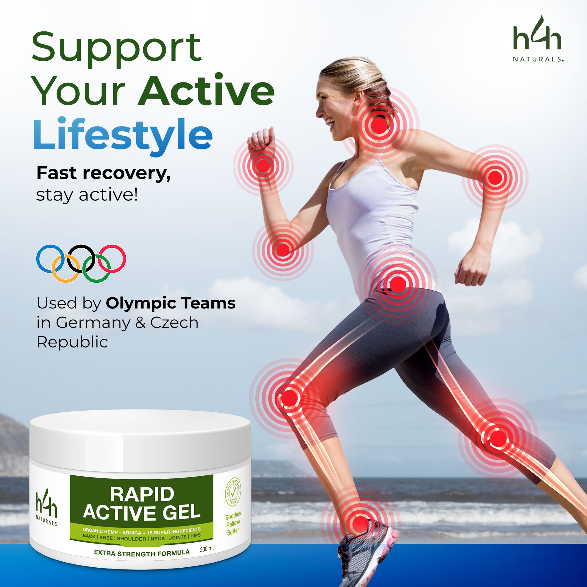 Witte pot met groen etiket. Tekst: Rapid Active Gel. Vrouw rent. Rode cirkels rond gewrichten. Olympische ringen.