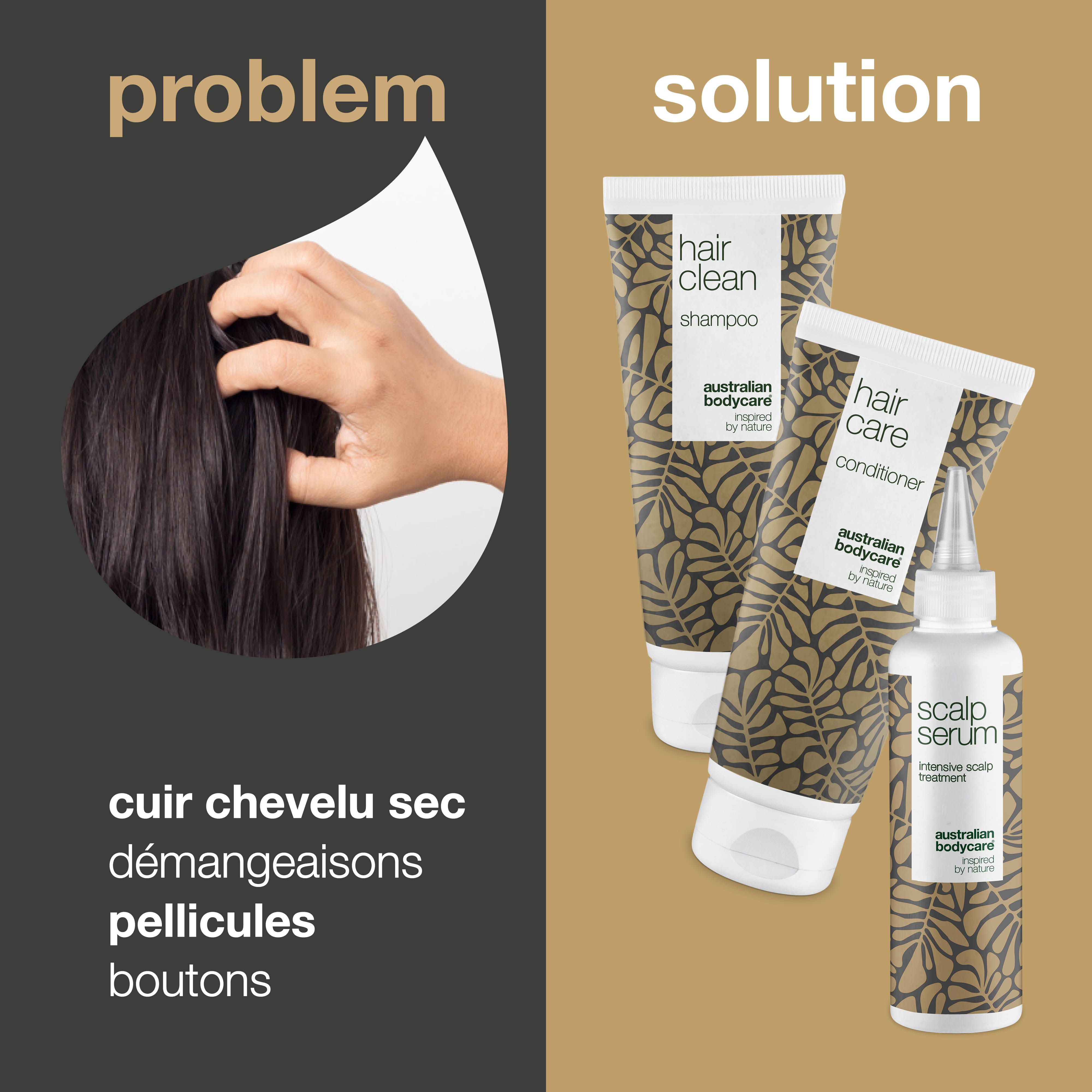 Comparaison : problème et solution. Shampooing, après-shampooing et sérum. Bouteilles blanches avec motif de feuilles marron. Australian Bodycare.