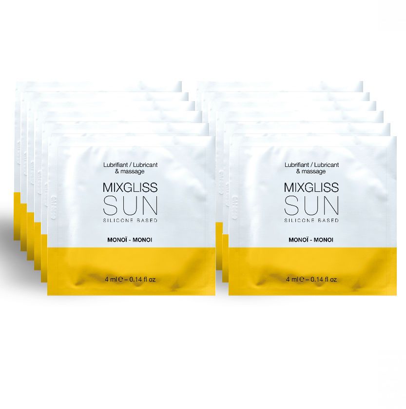 Plusieurs sachets individuels avec bande jaune. Inscription: MIXGLISS SUN, SILICONE BASED, MONOI. 4 ml.