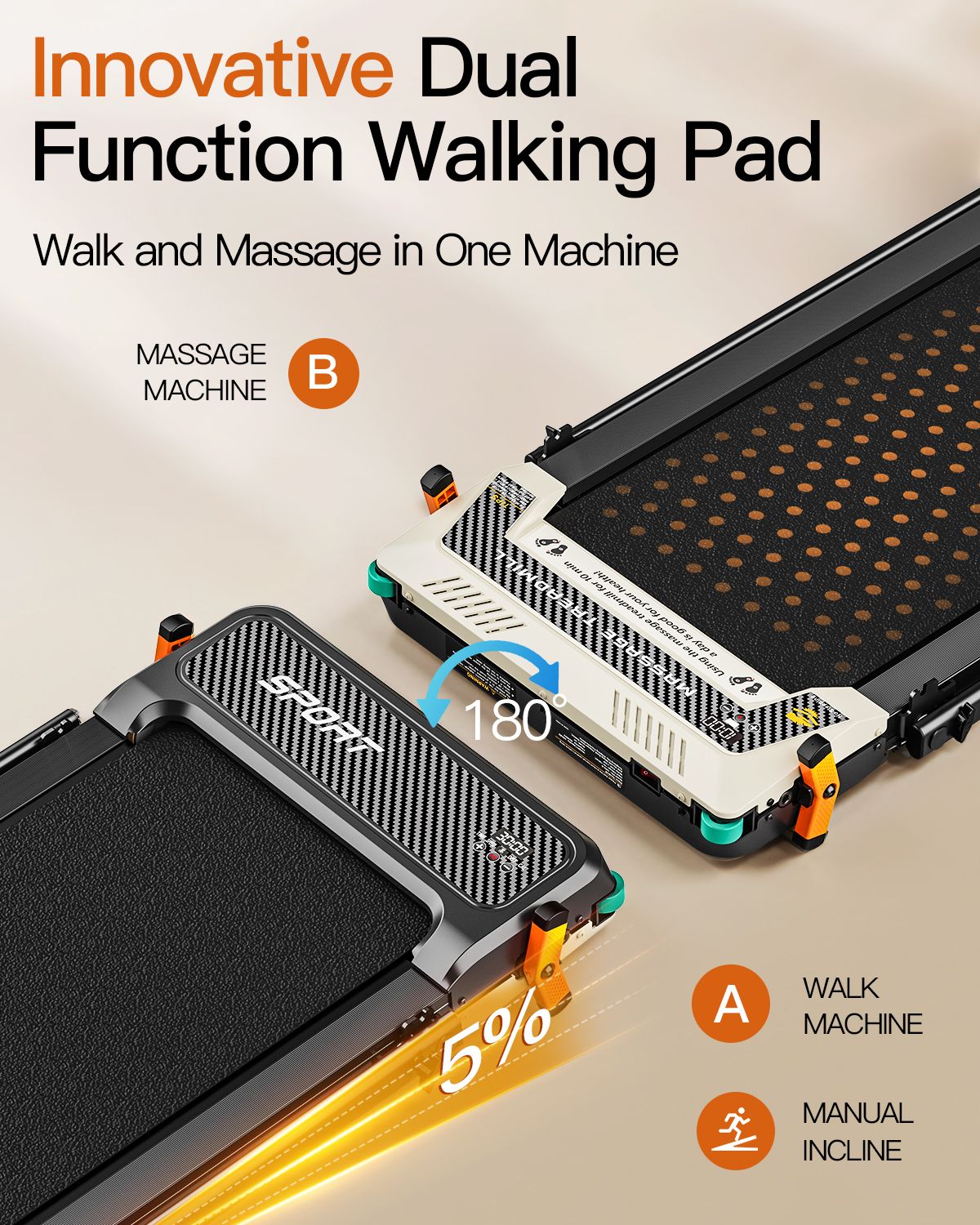 Tapis roulant et appareil de massage combinés, avec bande noire et boîtier argenté.