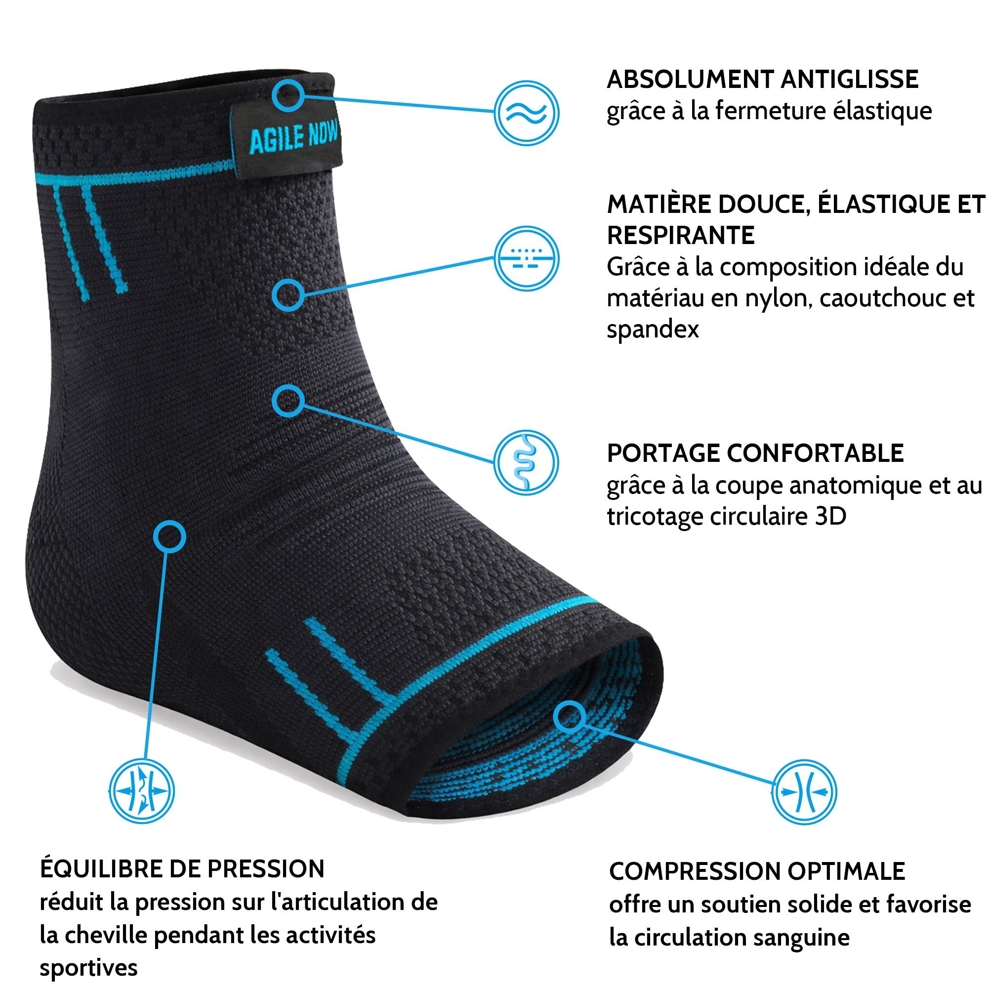 Chevillère avec accents bleus. Texte. Caractéristiques : antidérapant, respirant, etc.