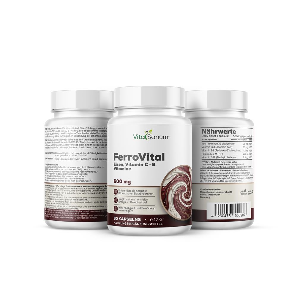 Drie witte flessen VitaSanum FerroVital. Opschrift: IJzer, Vitamine C+B, 600 mg. 60 capsules. Voedingssupplement.