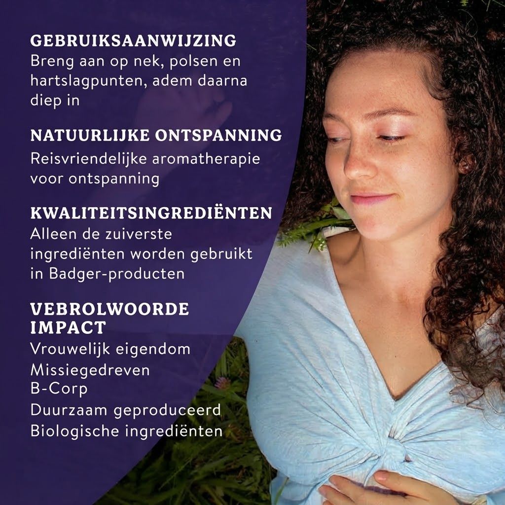 Vrouw met gesloten ogen, ontspannen. Tekst over natuurlijke aromatherapie en ingrediënten.