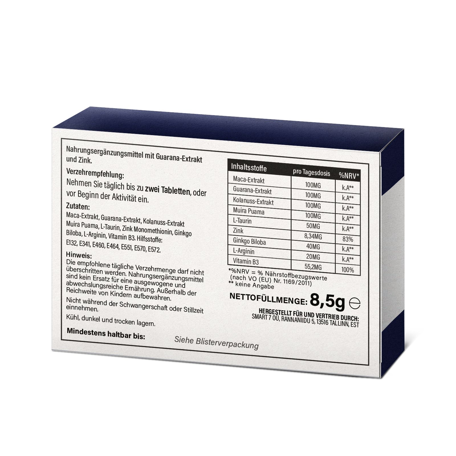 Boîte avec informations sur les ingrédients. Contient: Extrait de Maca, Extrait de Guarana, L-Taurine, Zinc, L-Arginine, Vitamine B3.