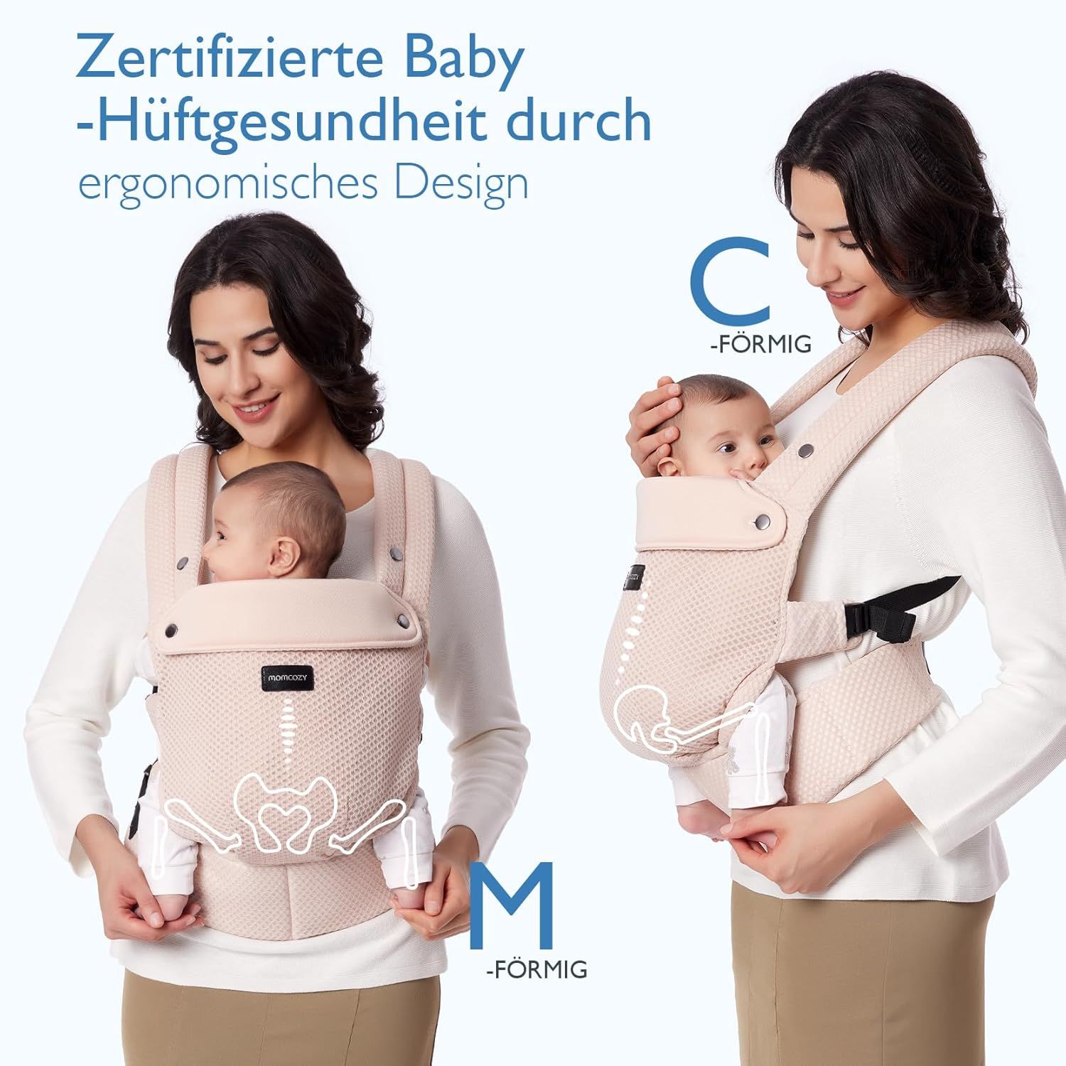 Roze babydrager met baby, toont M- en C-vorm voor heupgezondheid.