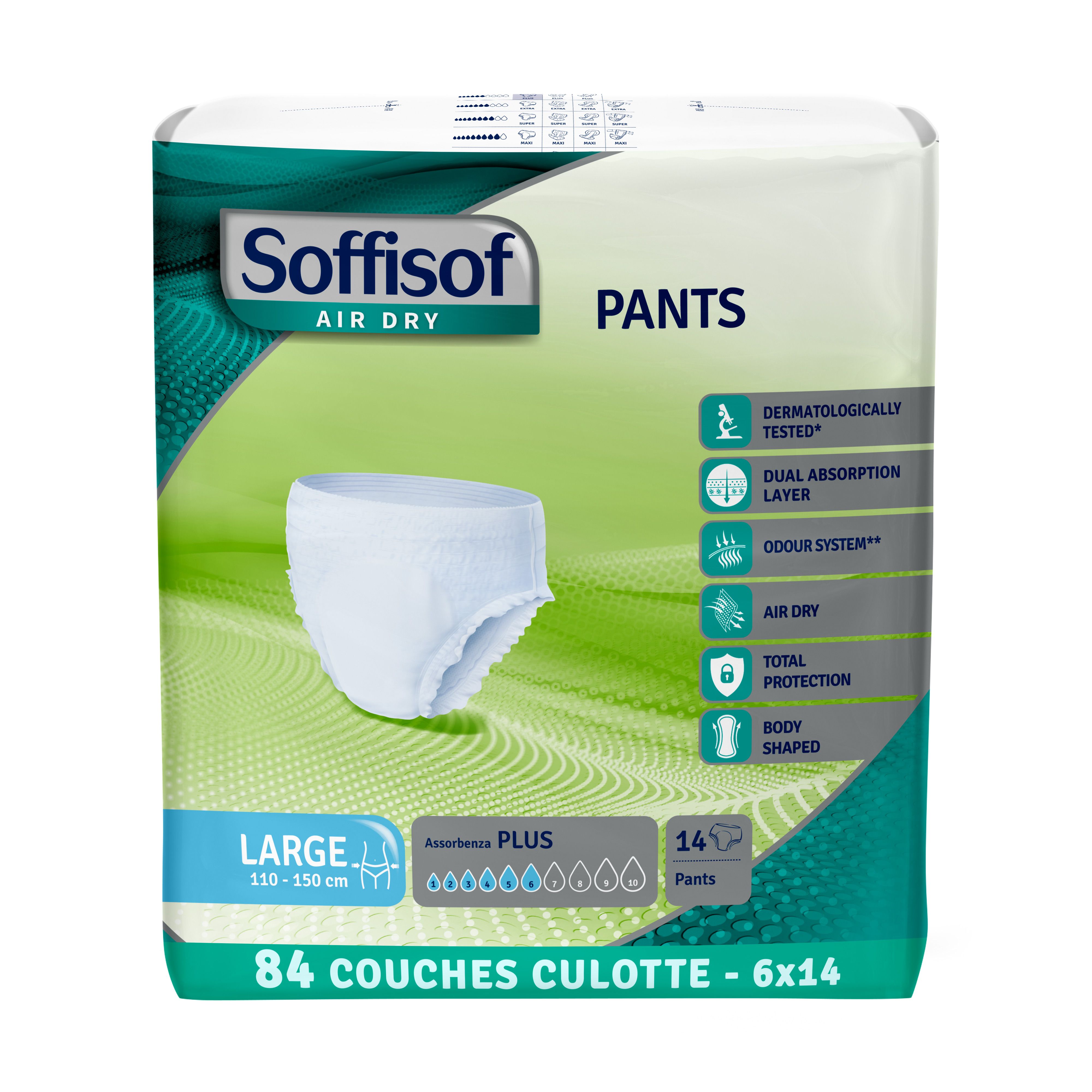 Soffisof Pants Plus, couches culottes. Pantalon blanc, taille Large, 110-150 cm. Paquet de 14. Inscriptions: Air Dry, Plus, 84 pièces.