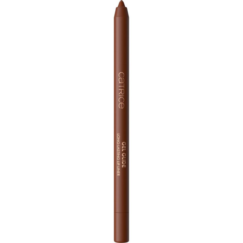 Crayon contour des lèvres brun. Inscription: Catrice, Gel Glide Long-lasting Lip Liner. Pointe vers le haut.