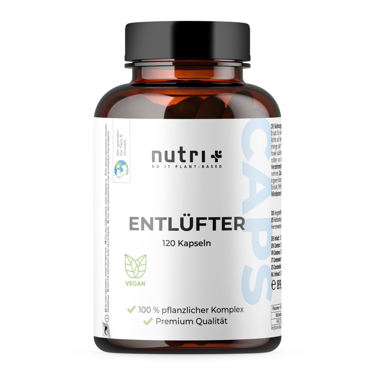Bruine fles, zwarte dop. Opschrift: Entlüfter, 120 capsules. Vegan label.