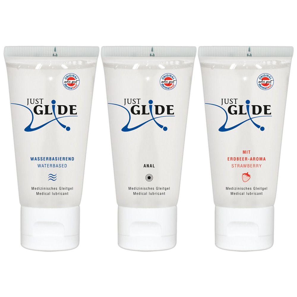 Trois tubes de gel lubrifiant JUST GLIDE : Waterbased, Anal et Strawberry.