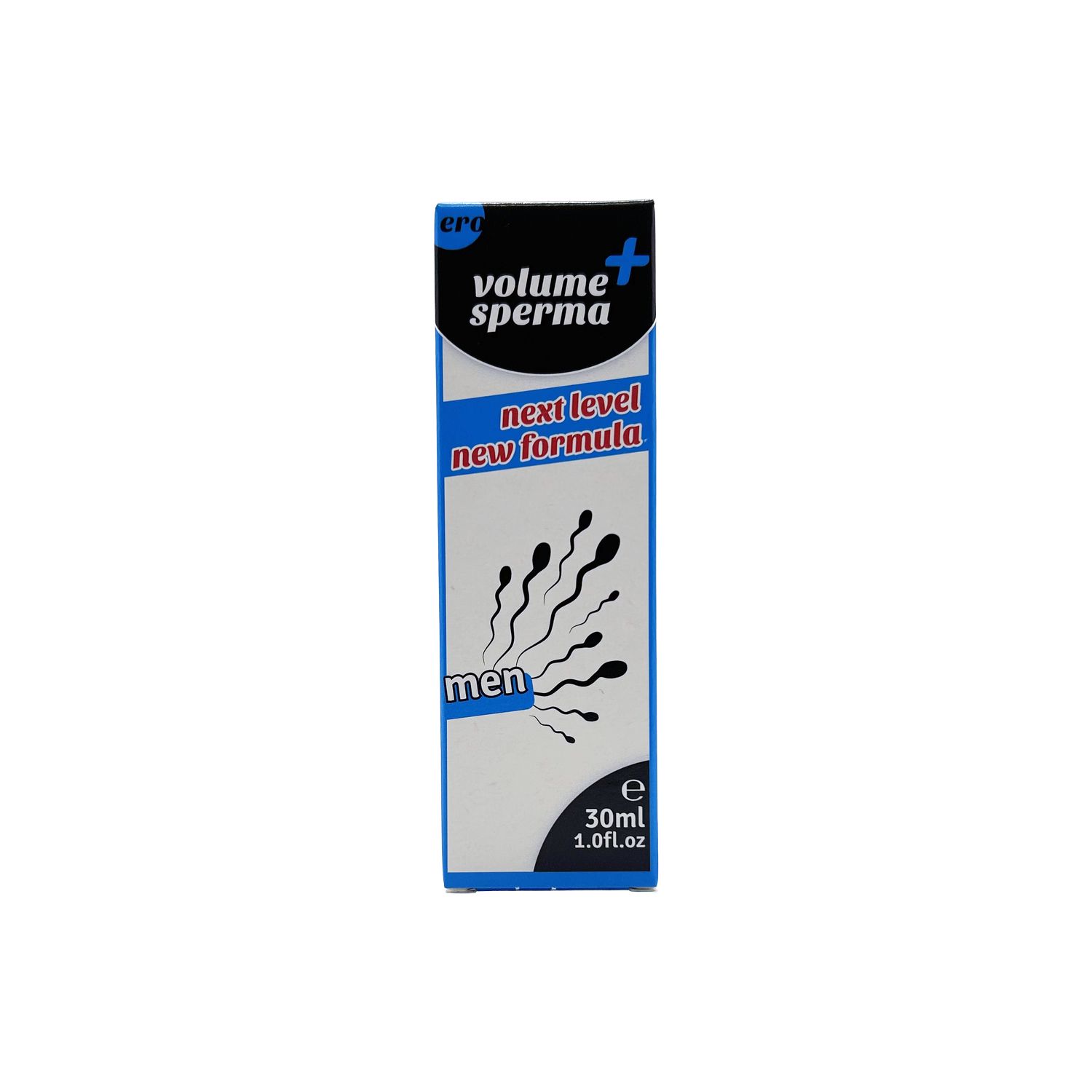 Doos met op spermatozoïden lijkende symbolen, tekst 'volume sperma men' en 'next level new formula'.