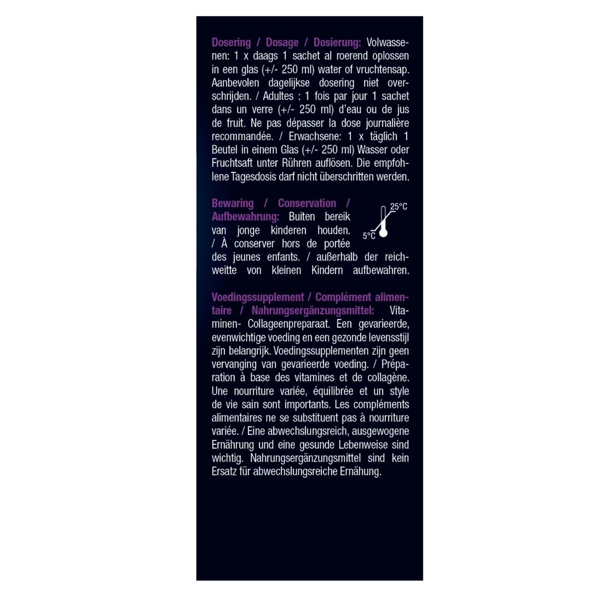 Côté de l'emballage Super Collageen. Contient des informations sur le dosage et le stockage. Texte en néerlandais et français.