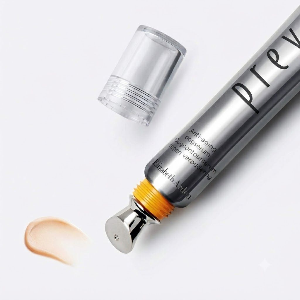 Elizabeth Arden Anti-aging oogserum in zilveren tube met applicator. Naast de tube is een veeg serum aangebracht.