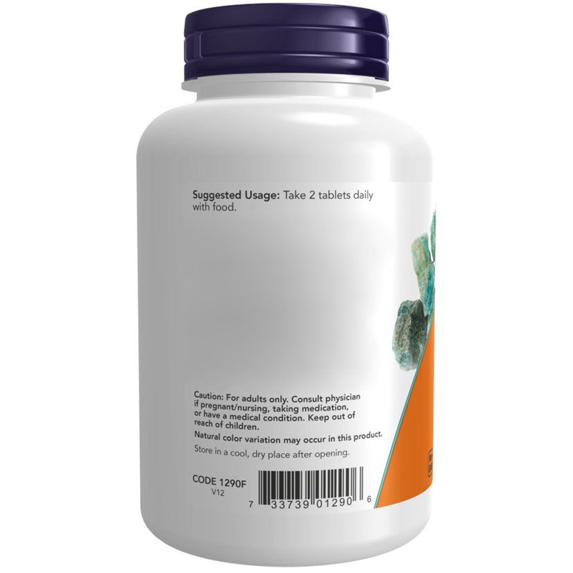 Dos du flacon. Inscription: Suggested Usage: Take 2 tablets daily with food. Code 1290F. Code-barres.