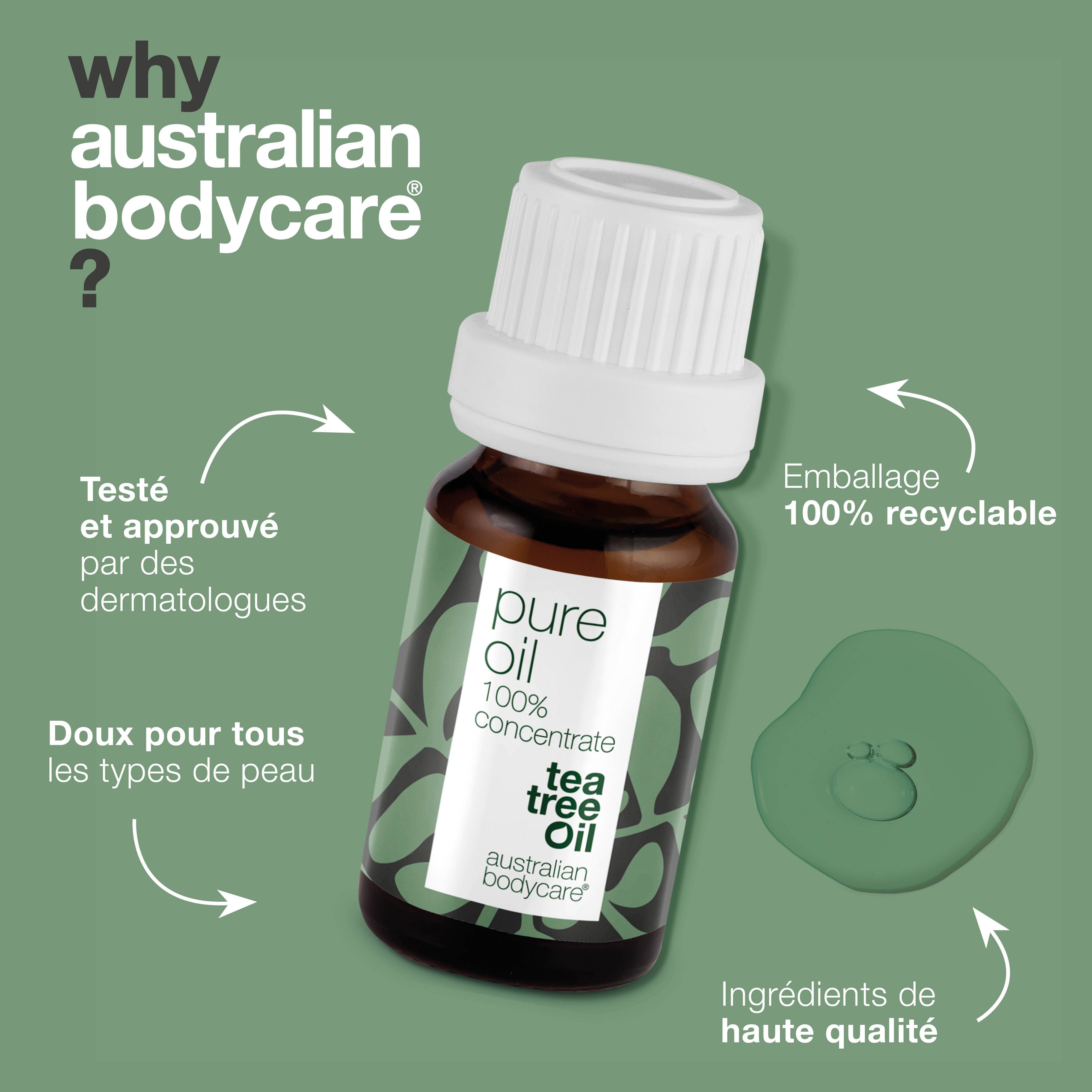 Graphique: Pourquoi australian bodycare ? Flacon avec texte: pure oil, 100% concentrate, tea tree oil, australian bodycare. Texte et gouttes.
