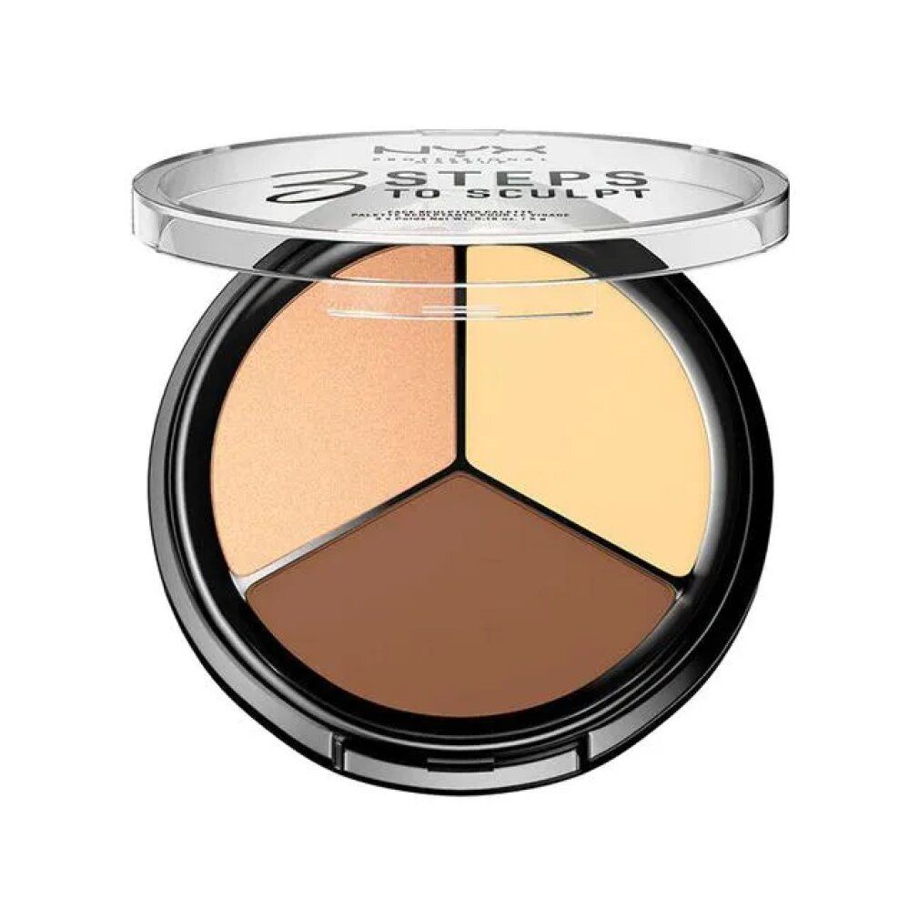 Ronde cosmetische palette met drie tinten. Zwarte houder met transparante deksel. "3 STEPS TO SCULPT" staat op de deksel.