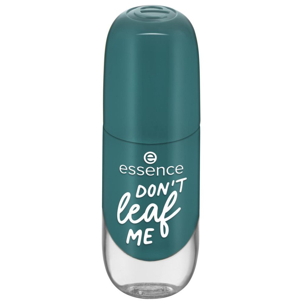Flacon de vernis à ongles fermé. Bouchon turquoise. Inscription : Essence, Don't Leaf Me.