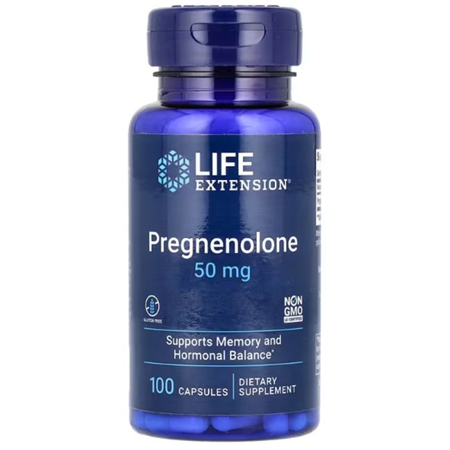Bouteille de 100 capsules de Pregnénolone 50 mg de Life Extension. Soutient la mémoire et l'équilibre hormonal.