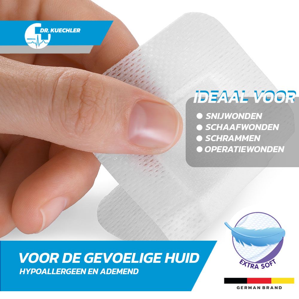Pleister. Voor gevoelige huid. Hypoallergeen en ademend. Merk: Dr. Kuechler. Zacht en flexibel.