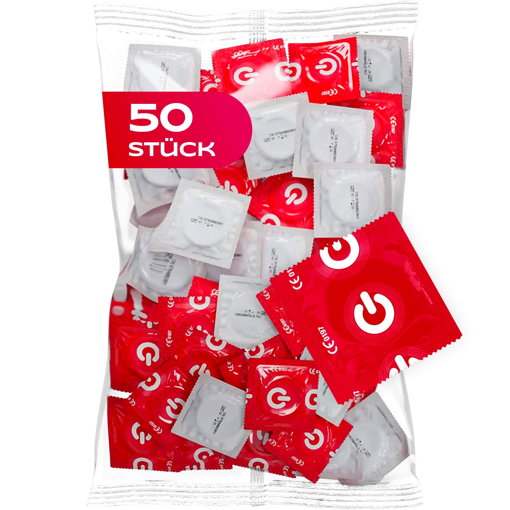 Paquet de 50 préservatifs emballés individuellement, rouge et blanc.