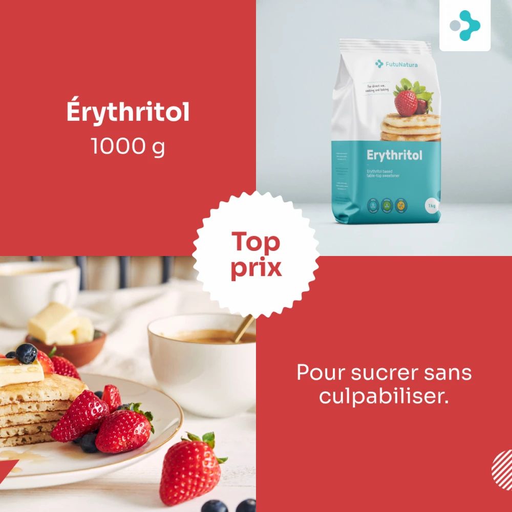 Publicité avec FutuNatura Erythrit. Image du produit, texte : Erythrit 1000 g, Top prix. Petit-déjeuner avec crêpes.