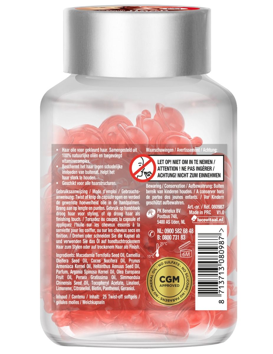 Achterkant van de fles met productinformatie en waarschuwingen. Bevat ingrediënten en een CGM-keurmerk.