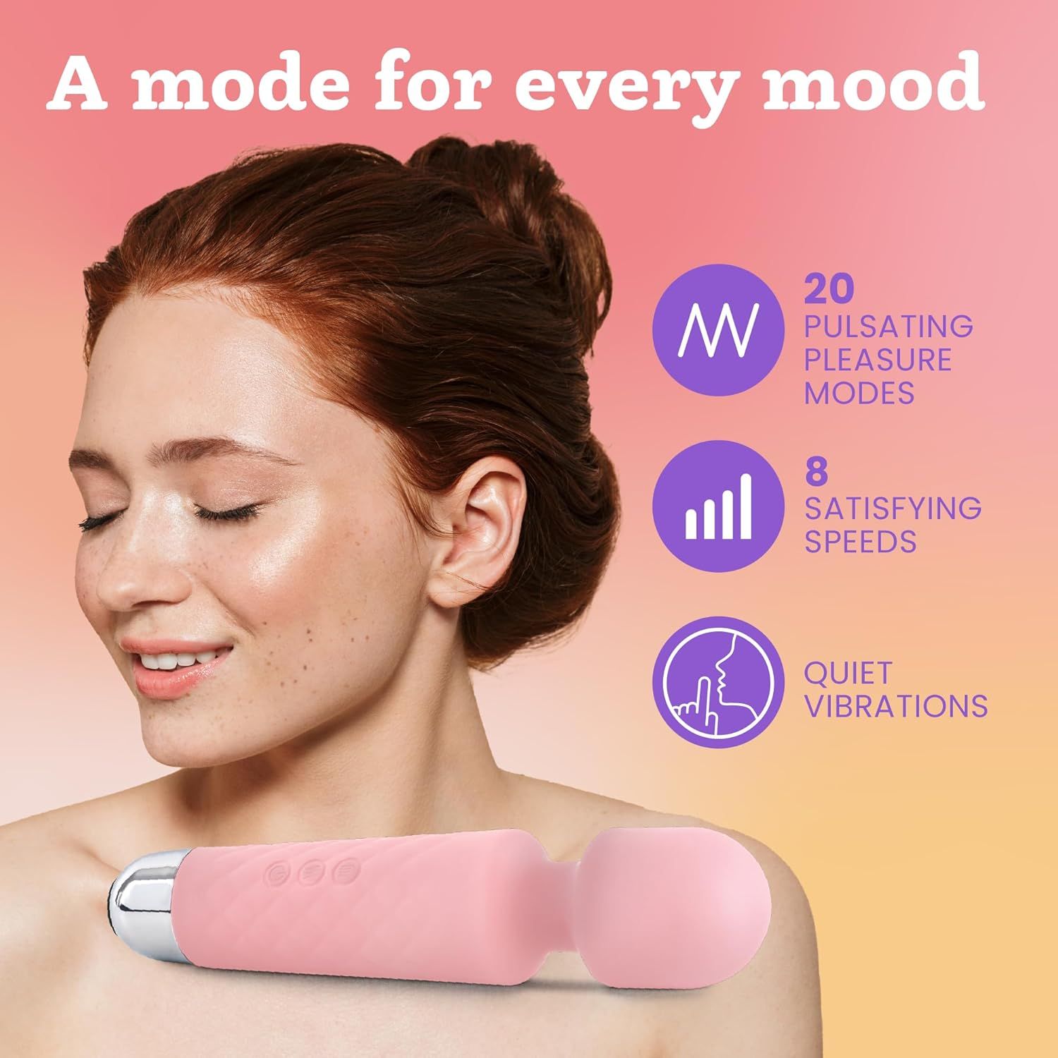 Vrouw met gesloten ogen naast een pastelroze vibrator. Tekst: 20 pulsatiemodi, 8 snelheden, stille trillingen.