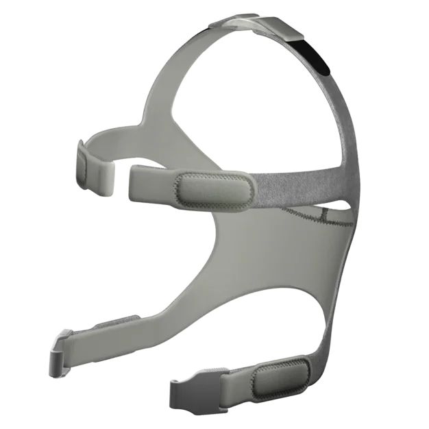 Grijze hoofdband voor CPAP-masker met verstelbare banden.