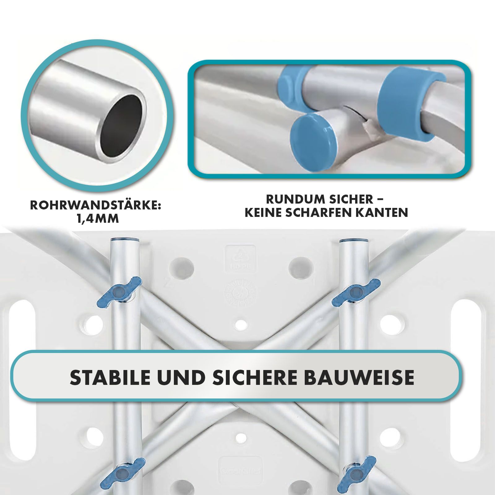 Chaise de douche avec dossier. Construction stable. Pas d'arêtes vives. Épaisseur du tube 1,4 mm.