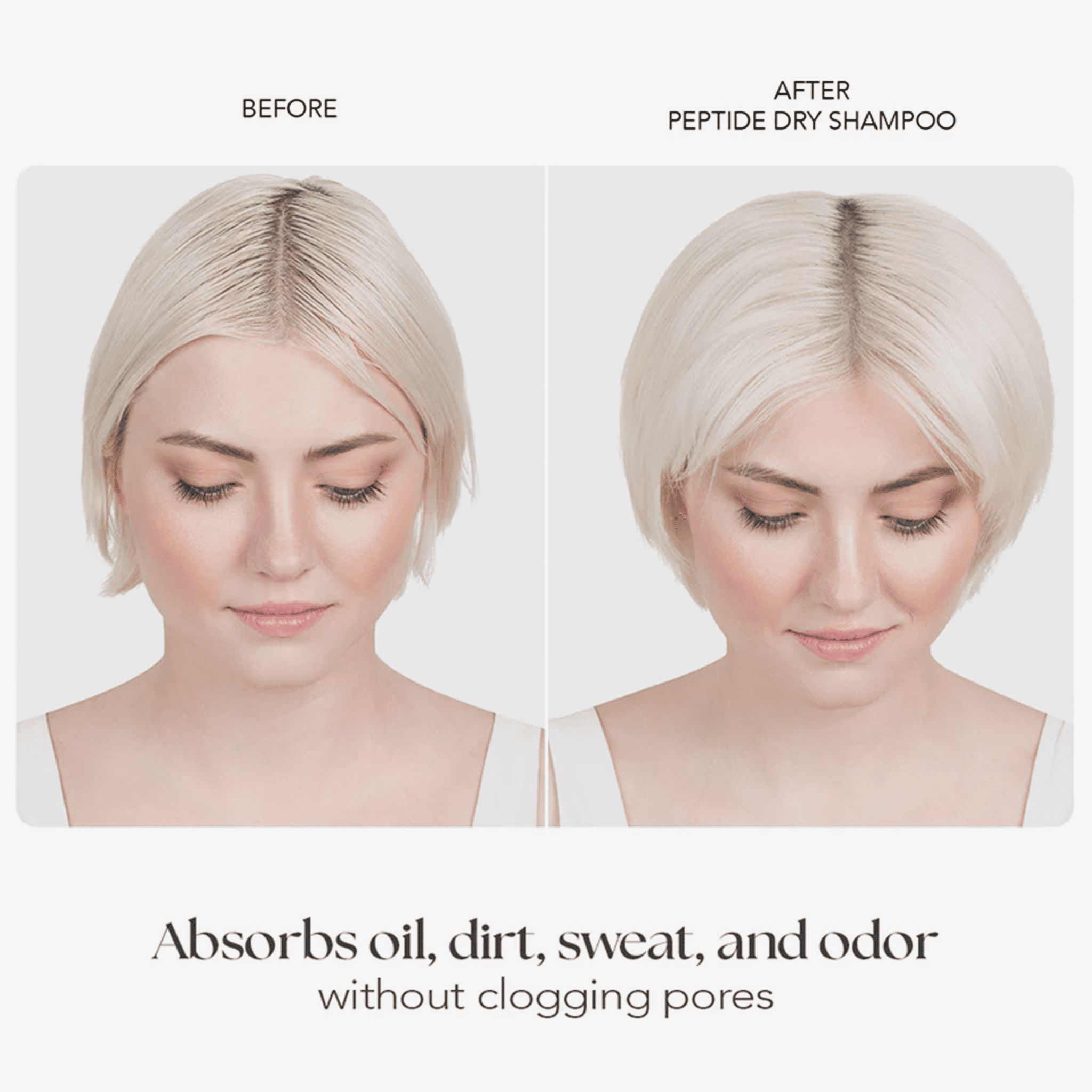 Voor-en-na vergelijking. Vrouw met blond haar voor en na Peptide Dry Shampoo. Absorbeert olie, vuil, zweet en geur.