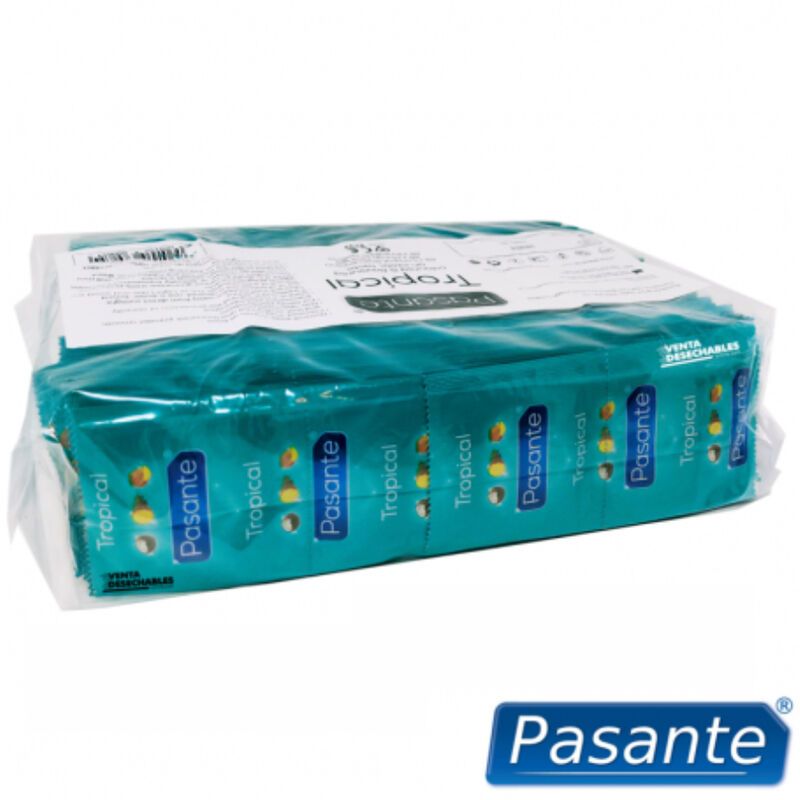 Paquet de préservatifs. Inscription: Pasante Tropical. Contient des préservatifs. Marquage CE.
