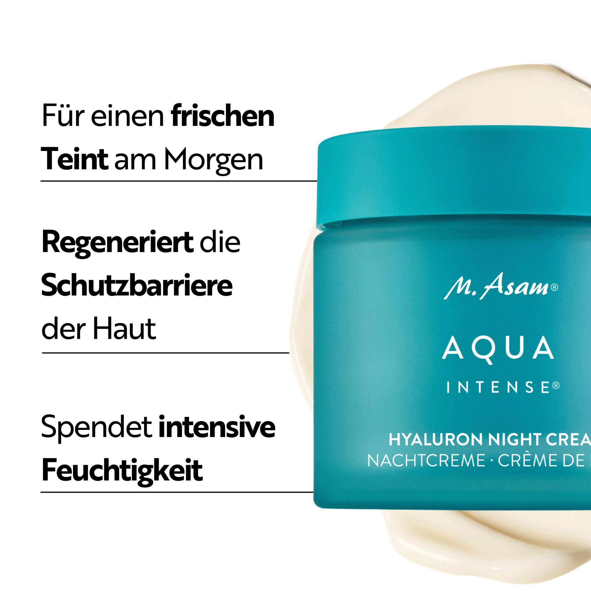 Pot de produit à côté du texte: Pour un teint frais le matin. Régénère la barrière protectrice de la peau. Hydrate intensément.
