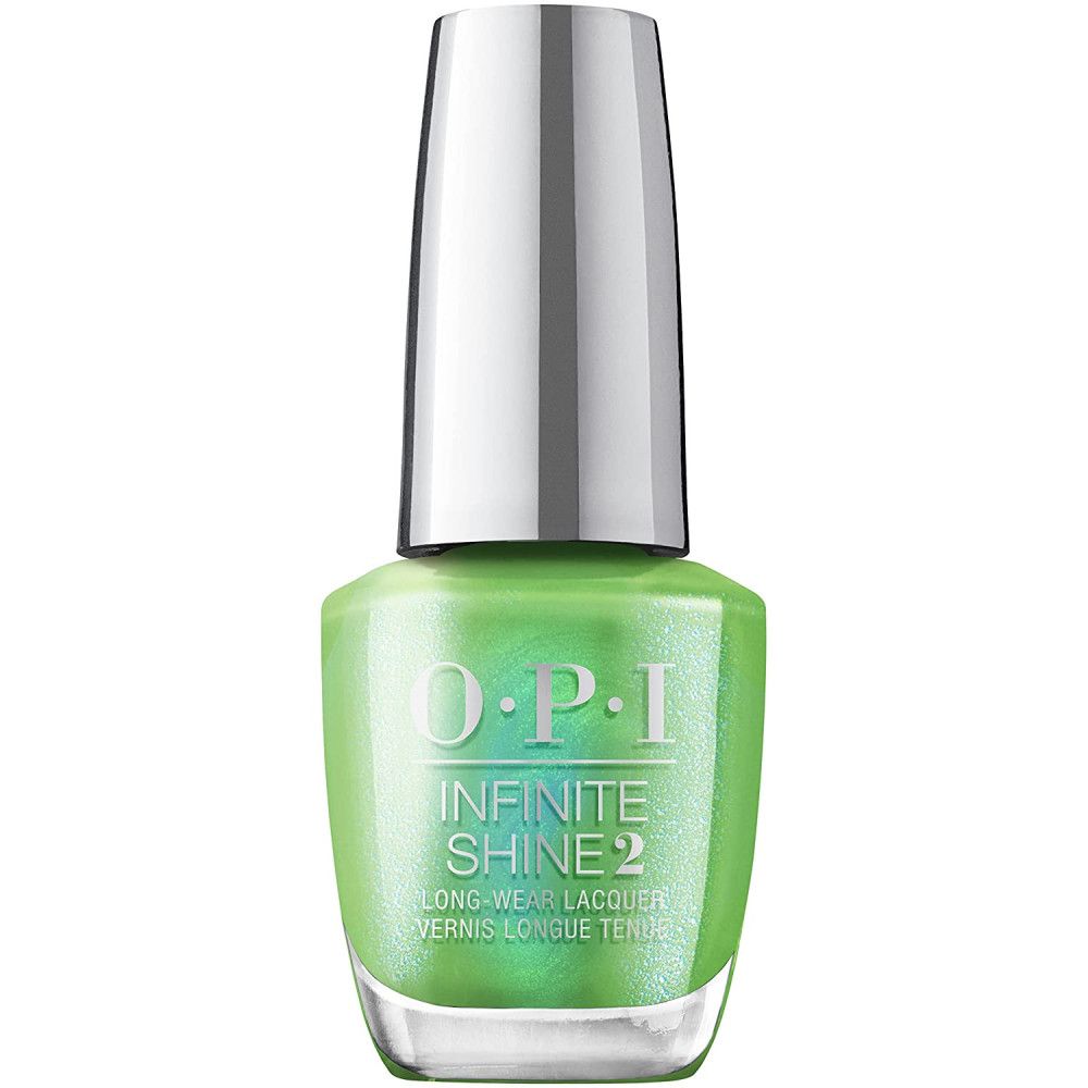 OPI nagellakfles, groen. Zilveren dop, transparante basis. Opschrift 'INFINITE SHINE 2'.