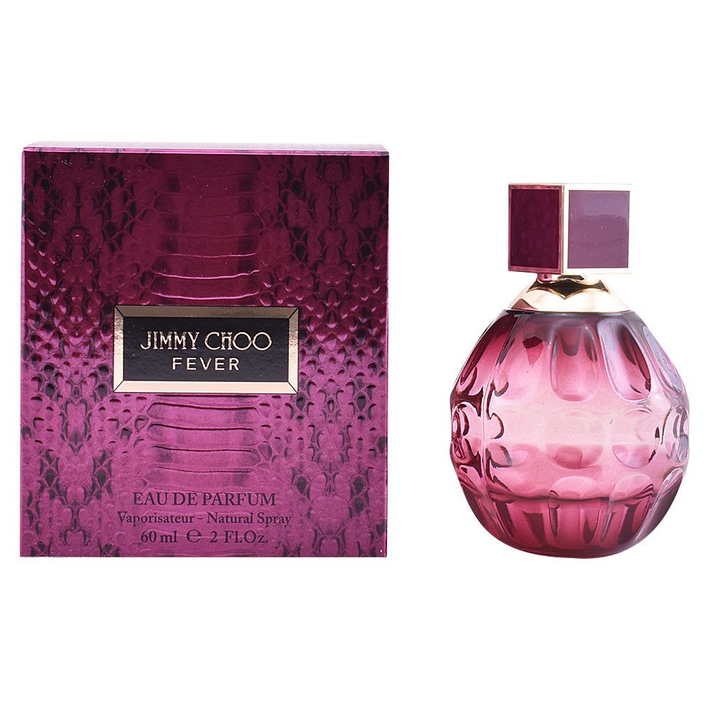 Fles en doos van Jimmy Choo Fever Eau de Parfum. Roze ronde fles, vierkante dop. Roze doos met logo.