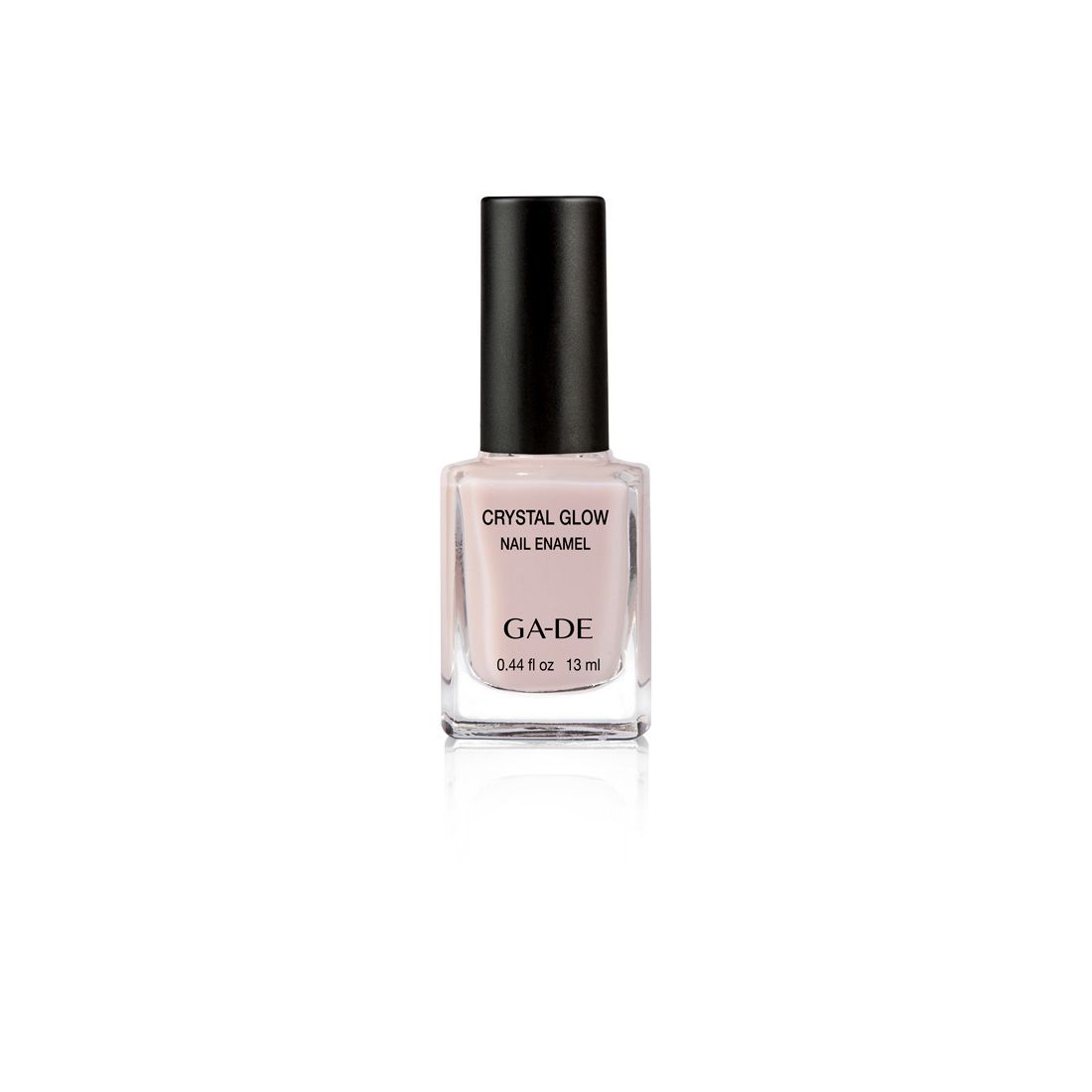 Vernis à ongles Ga-De Crystal Glow rose, en flacon carré en verre avec bouchon noir. Inscription : Crystal Glow Nail Enamel.