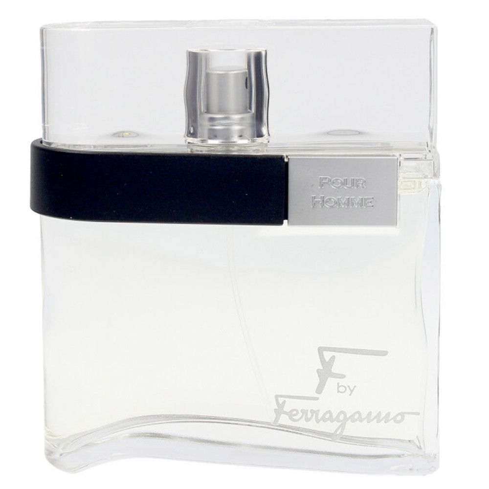 Flacon en verre avec vaporisateur argenté et bande noire. Inscription 'F by Ferragamo Pour Homme'.