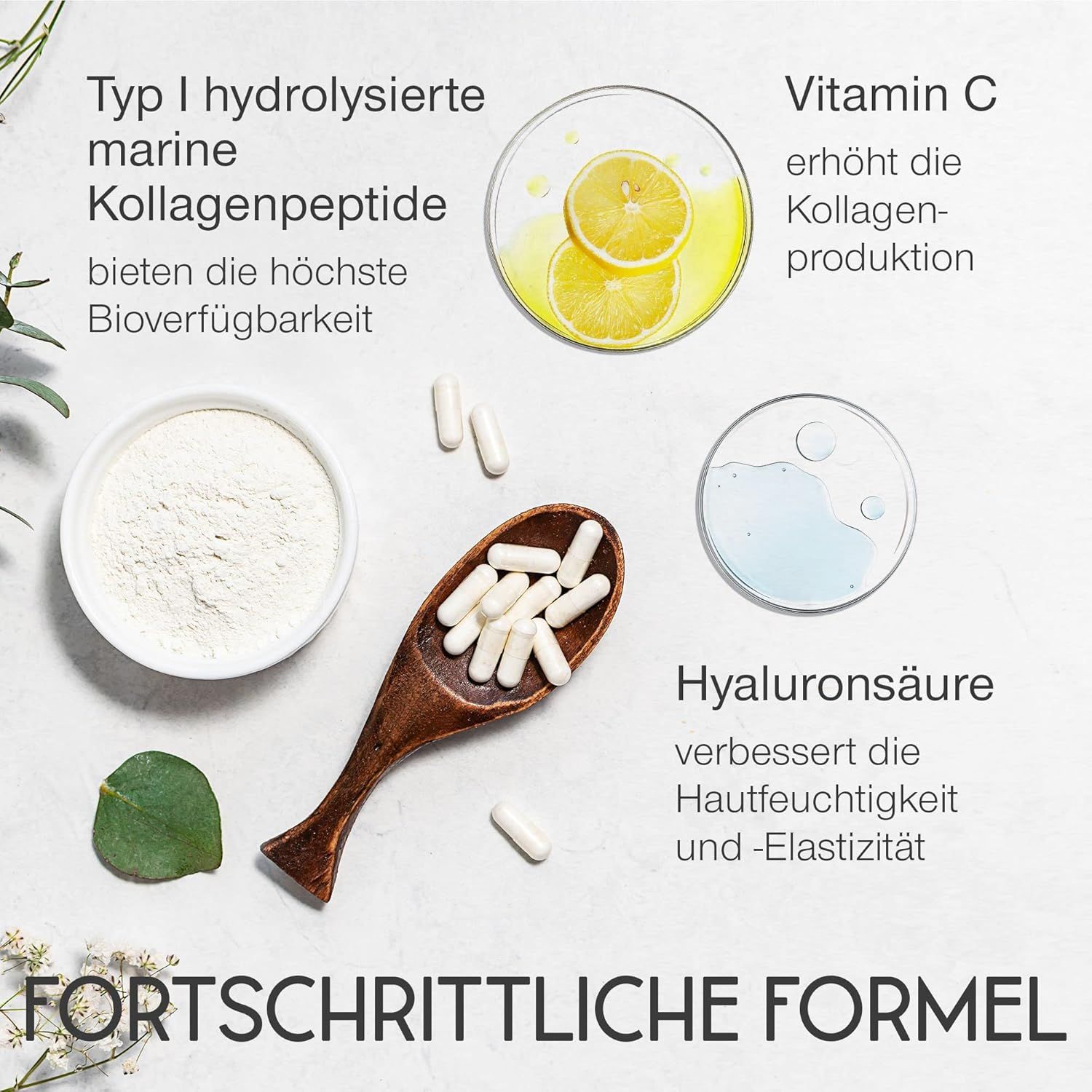 Ingrédients: Peptides de collagène marin hydrolysés de type I, vitamine C, acide hyaluronique. Gélules, poudre et citron dans des coupelles. Texte: Formule avancée.