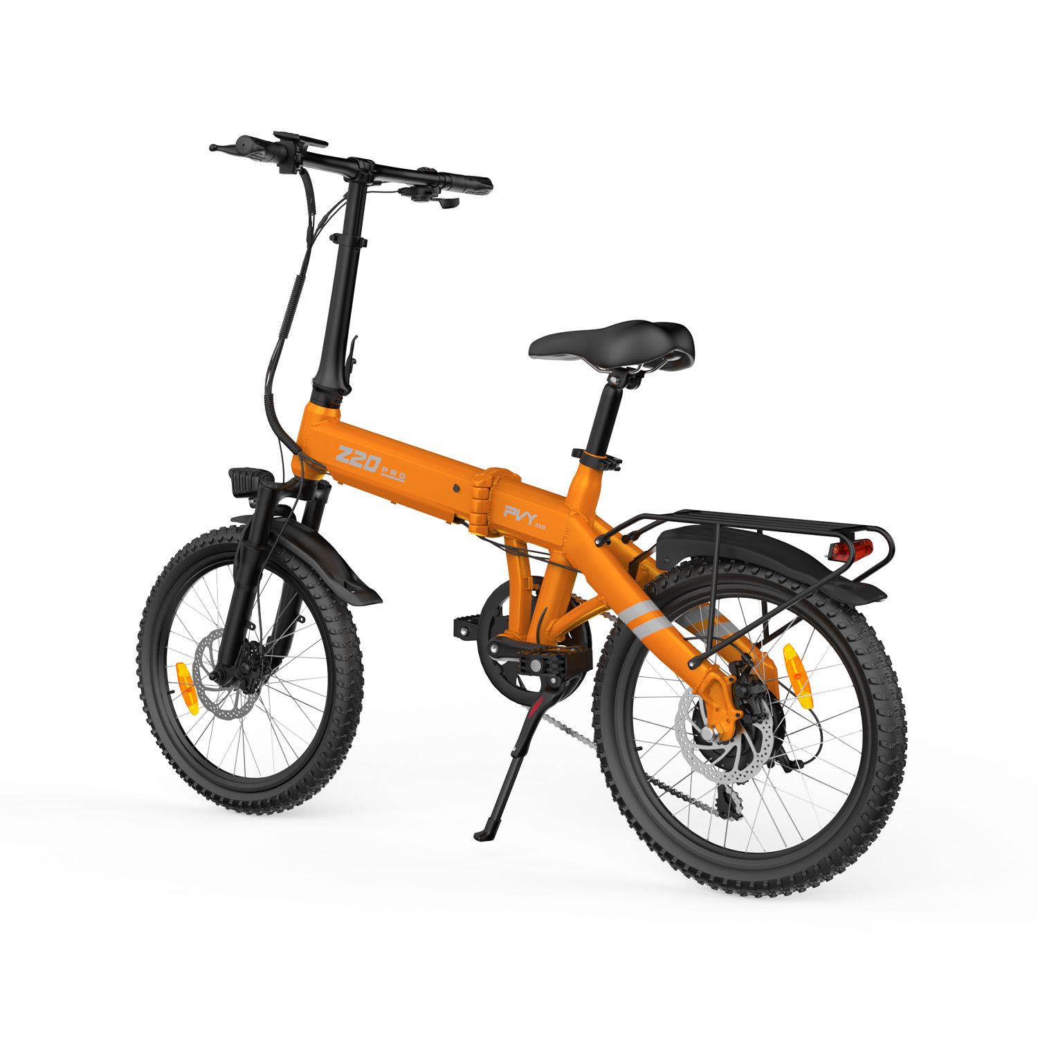 Vélo électrique pliable orange avec cadre noir, porte-bagages et phare. Inscription Z20 PRO EVO.