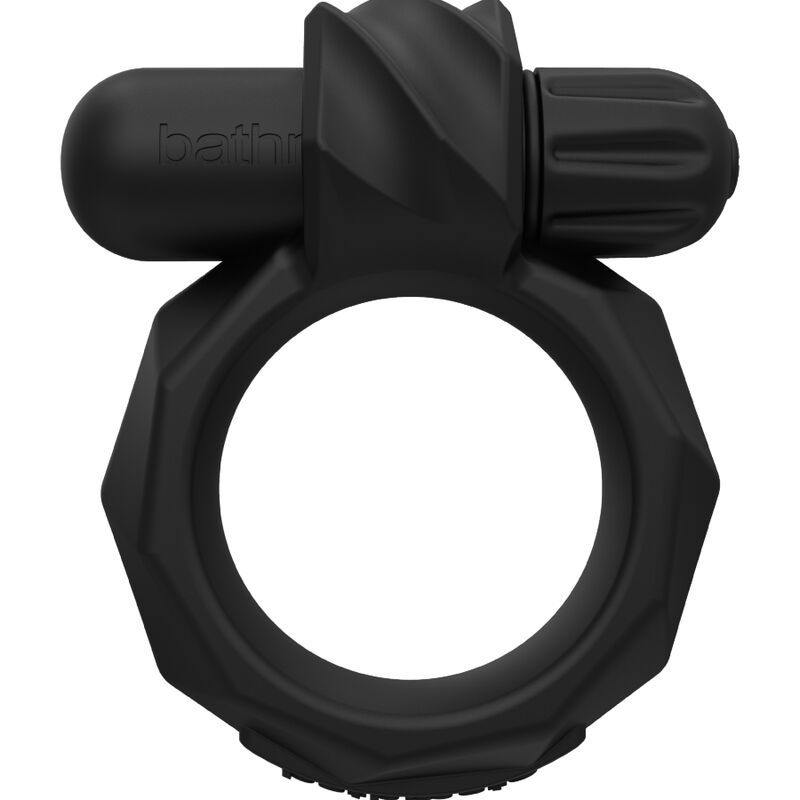Zwarte ring met ribbels en een vibrator met gekartelde schroef.