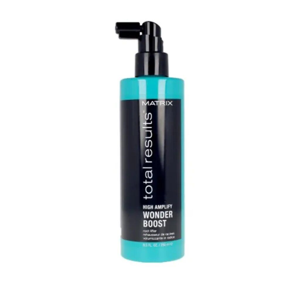 Turquoise en zwarte fles met zwarte pomp. Opschrift: Total Results, High Amplify, Wonder Boost, Root Lifter.