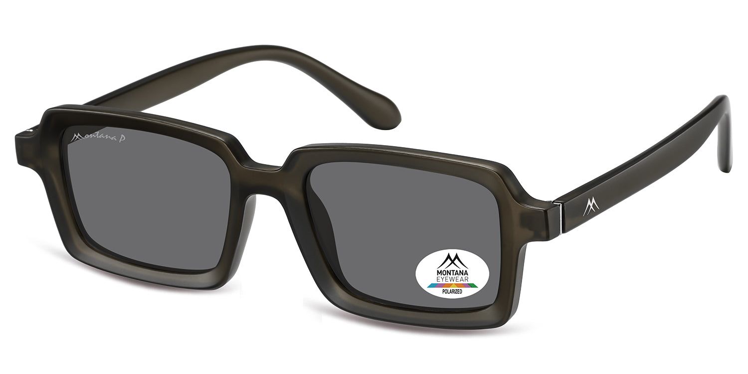 Lunettes de soleil gris foncé, verres carrés. Logo Montana Eyewear et autocollant Polarized. Branches avec logo.