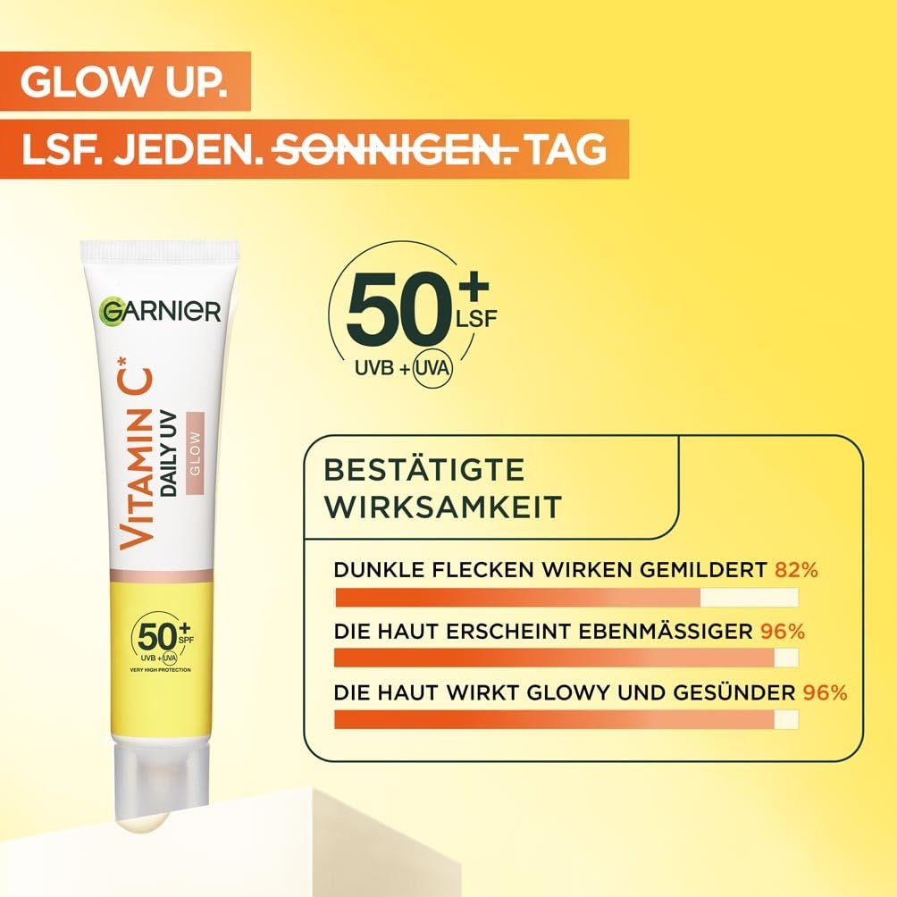 Garnier Vitamin C zonnecrème. Tube met SPF 50+. Tekst: Bevestigde effectiviteit. Vermindert vlekken, egalere teint, stralende huid.