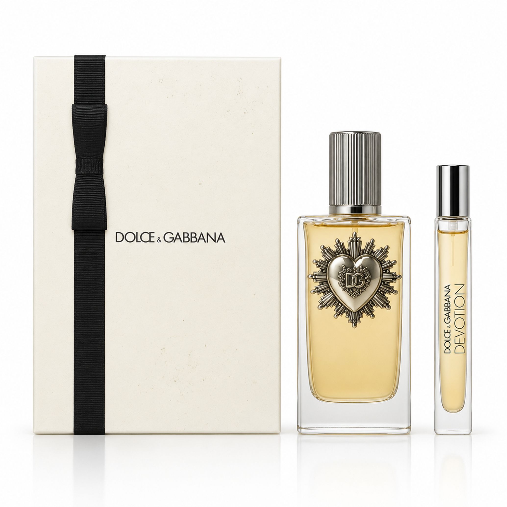 Coffret Dolce & Gabbana D&G Devotion Eau de Parfum avec boîte cadeau, flacon de parfum et vaporisateur de voyage.