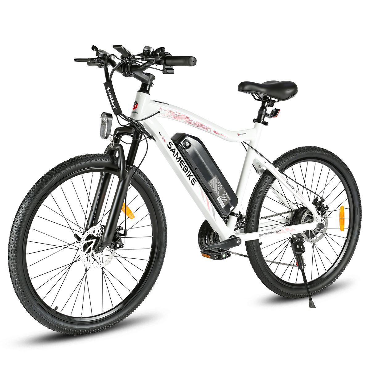 Vélo électrique SAMEBIKE SY26-II blanc. Pneus, selle et détails noirs. Shimano 21 vitesses. Batterie sur cadre.