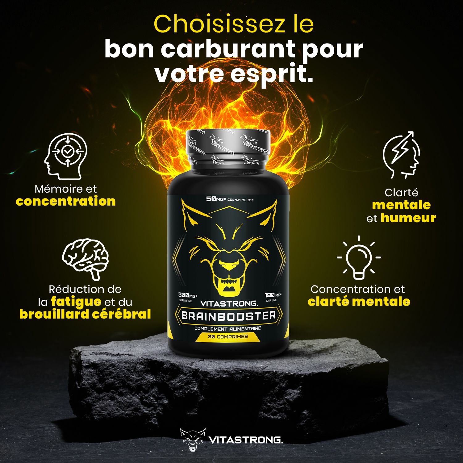 Man met Vitastrong Brainbooster. Tekst: Concentratie, energie, resultaten. 30 tabletten.