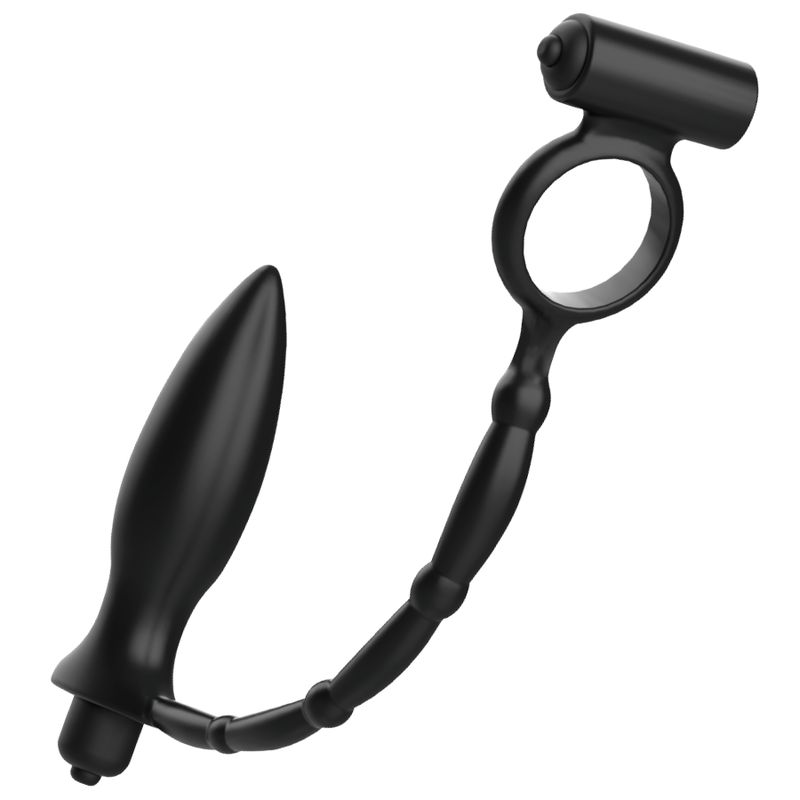Plug anal noir avec tige flexible, anneau et embout vibrant. Silicone.