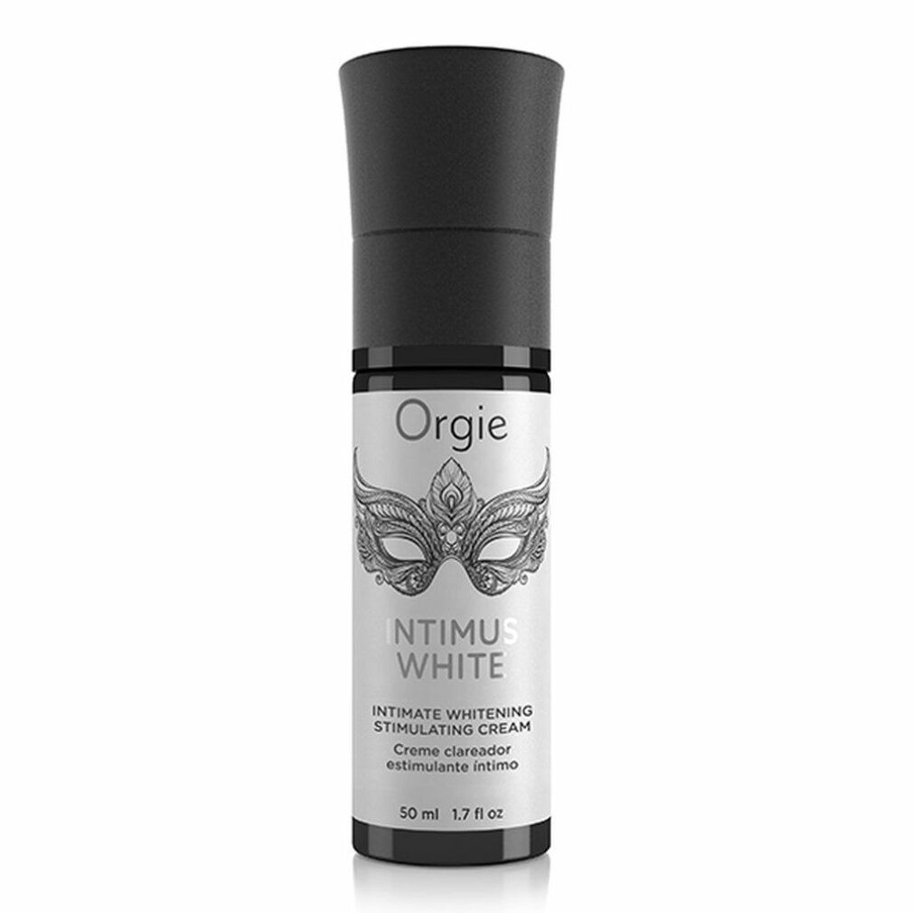 Zwarte fles met wit etiket. Opschrift: Orgie, Intimus White, Intimate Whitening Stimulating Cream. 50 ml.