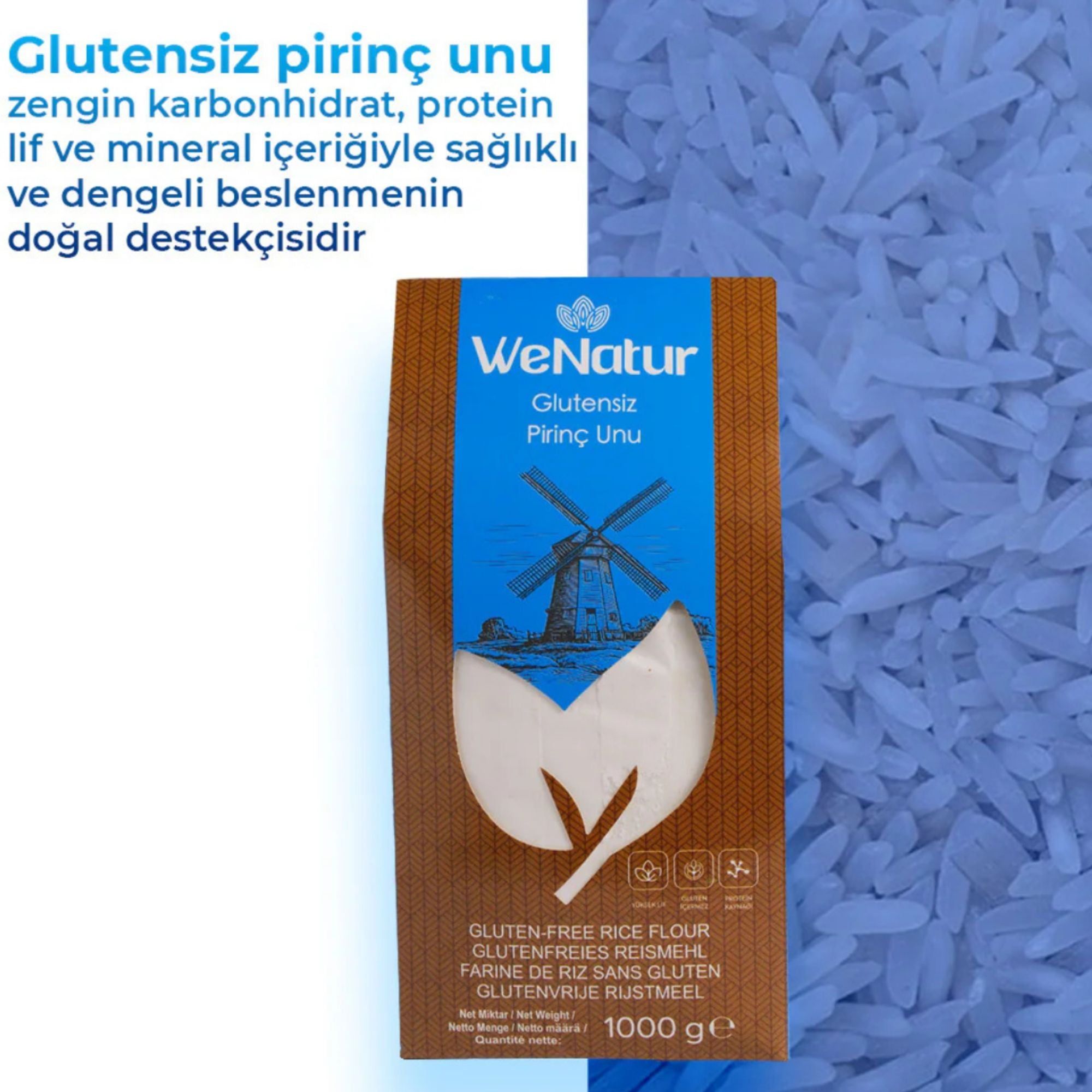 WeNatur glutenvrije rijstmeel, 1000g verpakking met gedetailleerde productinformatie.