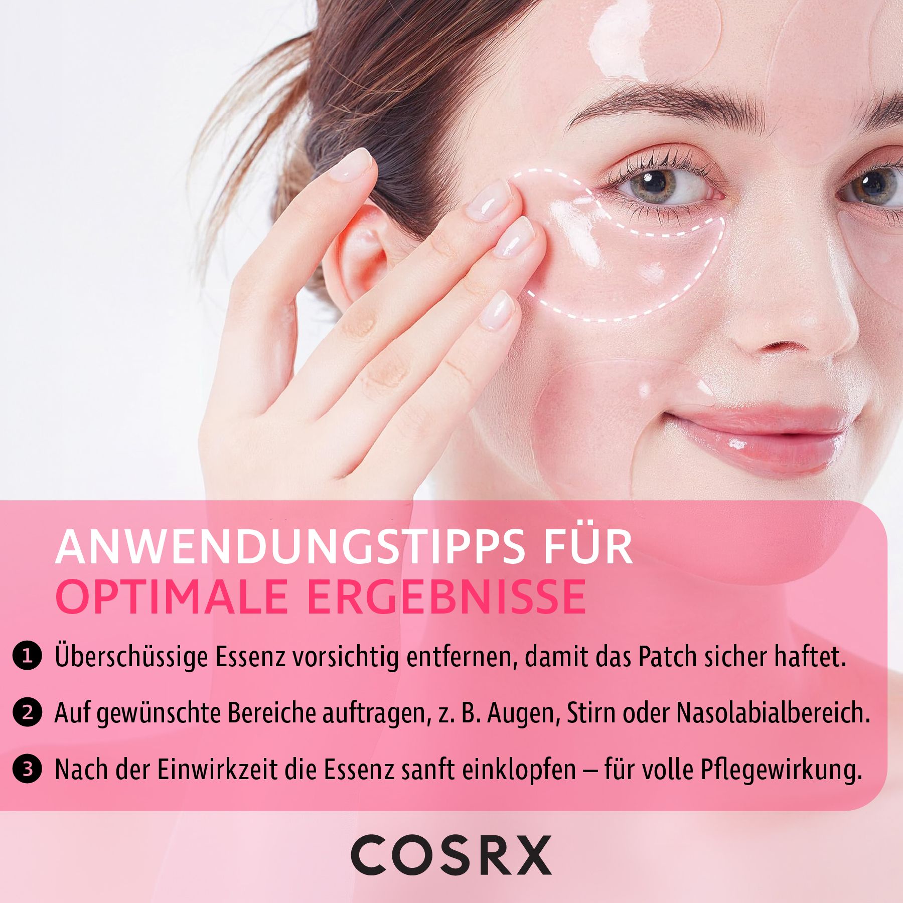 COSRX Oogpads: Vrouw brengt roze hydrogel pads aan onder de ogen.