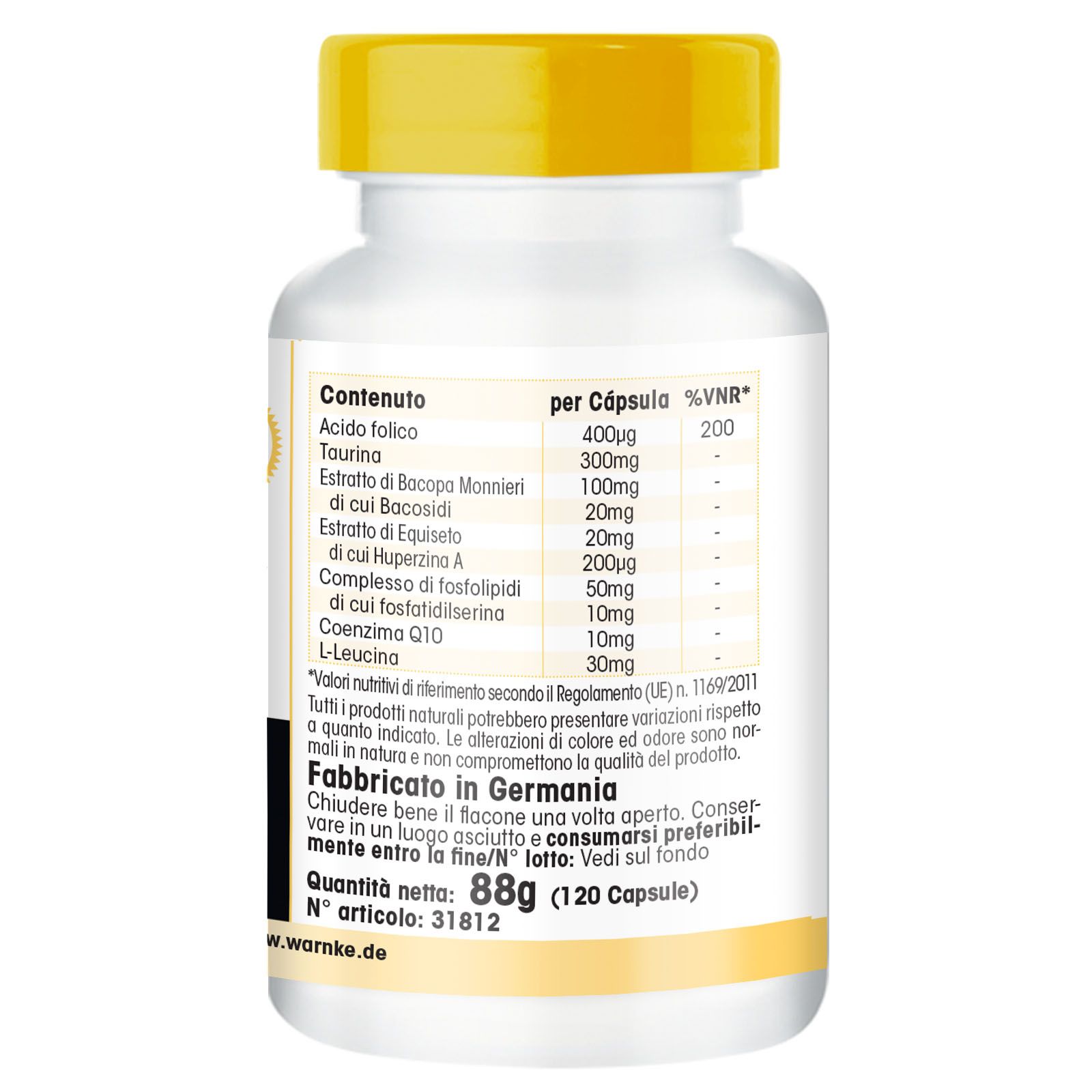 Achterkant van de witte fles. Voedingstabel met ingrediënten. Gemaakt in Duitsland. 88g (120 capsules).